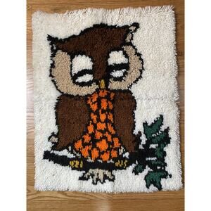 Vintage Owl Latch Hook Completed Rug Wall Hanging 26.5”x20.5” Mod Retro Yarn Art
